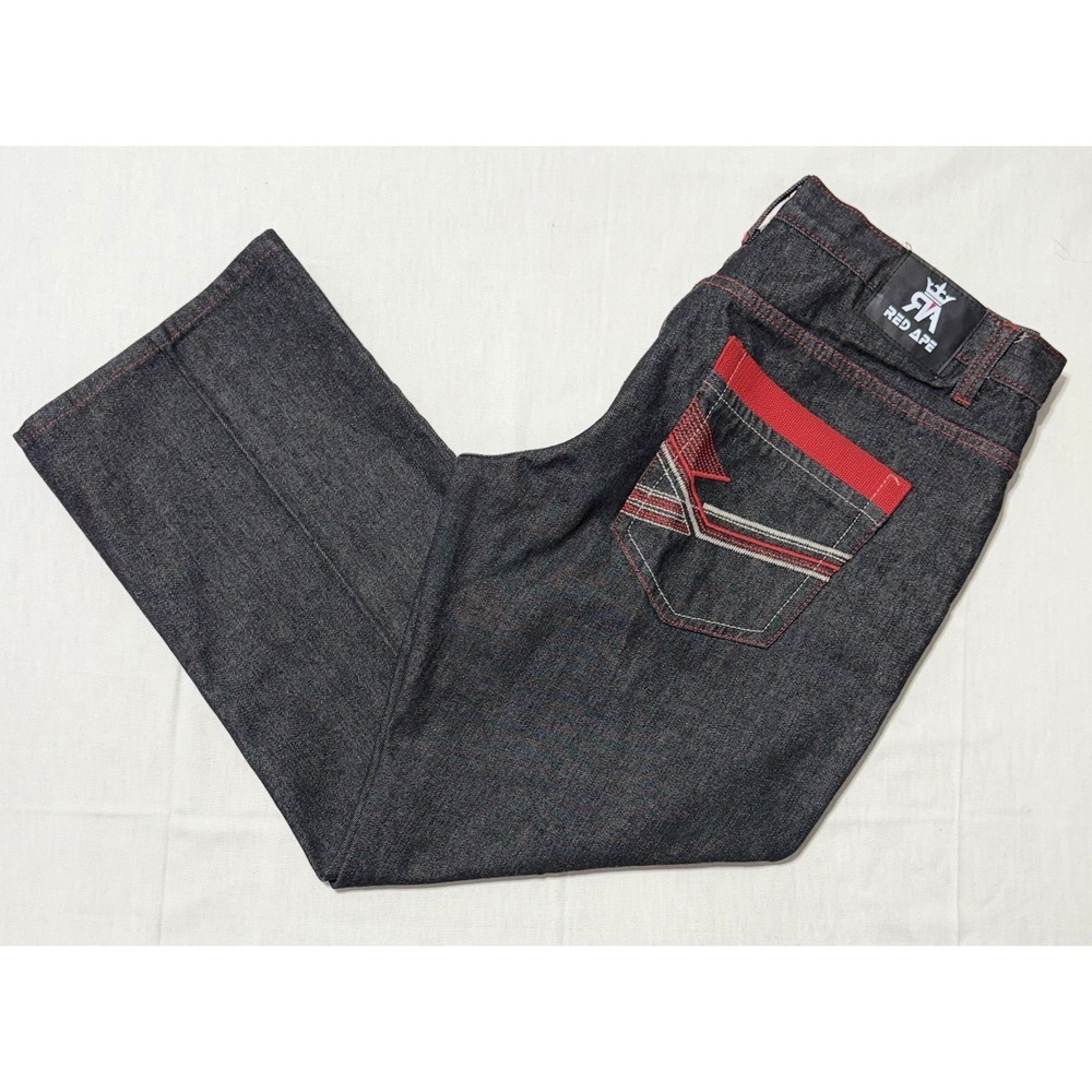Vintage Red Ape Men's Baggy Jeans Size 38 Black Red Contrast Stitch Y2K Hip Hop
